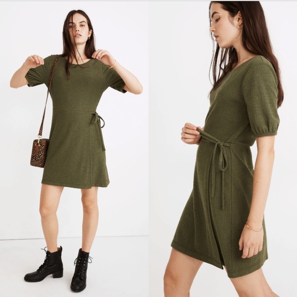 Madewell Crosshatch Puff-Sleeve Faux-Wrap Mini Dress in Palm Tree Size M - Picture 1 of 11
